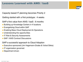 Lessons Learned with AWS / IaaSCapacity based IT planning becomes Priority 2Getting started with a first prototype : 4 weeksSAP’s first value from AWS / IaaS : 6 monthsBuilding up Knowledge Centers in 4 locationsEvangelizing Cloud within SAPEnabling Mass Cloud Deployment & OperationsUnderstanding the opportunitiesIT Risk & Security AssessmentsSAP / AWS Contract DiscussionsSAP’s successful approach to Cloud AdoptionExecutive sponsored (Jim Hagemann-Snabe & Vishal Sikka)IT organization governedDepartment driven© SAP 2008 / Page 4