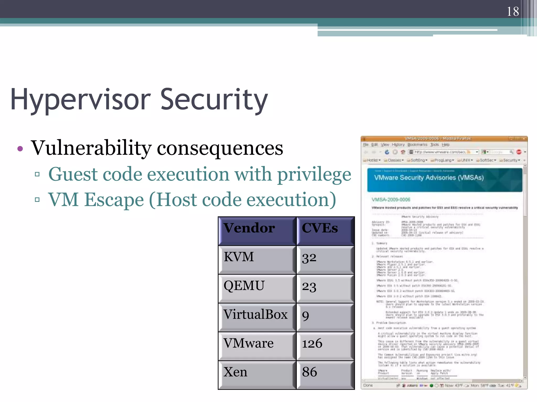 18




Hypervisor Security
• Vulnerability consequences
 ▫ Guest code execution with privilege
 ▫ VM Escape (Host code execution)
                       Vendor       CVEs

                       KVM          32

                       QEMU         23

                       VirtualBox   9

                       VMware       126

                       Xen          86
 