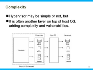 Complexity
Hypervisor may be simple or not, but
It is often another layer on top of host OS,
adding complexity and vulnerabilities.

Ohio Information Security Forum

22

 