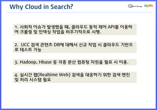 Why Cloud in Search?


 1. 사회적 이슈가 발생했을 때, 클라우드 동적 제어 API를 이용하
 여 크롤링 및 인덱싱 작업을 비주기적으로 시행.


 2. UCC 검색 콘텐츠 DB에 대해서 신규 작업 시 클라우드 기반으
 로 테스트 가능


 3. Hadoop, Hbase 등 각종 분산 컴퓨팅 자원을 필요 시 이용.


 4. 실시간 웹(Realtime Web) 검색을 대응하기 위한 검색 엔진
 및 처리 시스템 필요
 