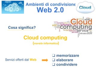 Cosa significa?
Servizi offerti dal Web
Cloud computing
(nuvola informatica)
❑ memorizzare
❑ elaborare
❑ condividere
Web 2.0
Ambienti di condivisione
 