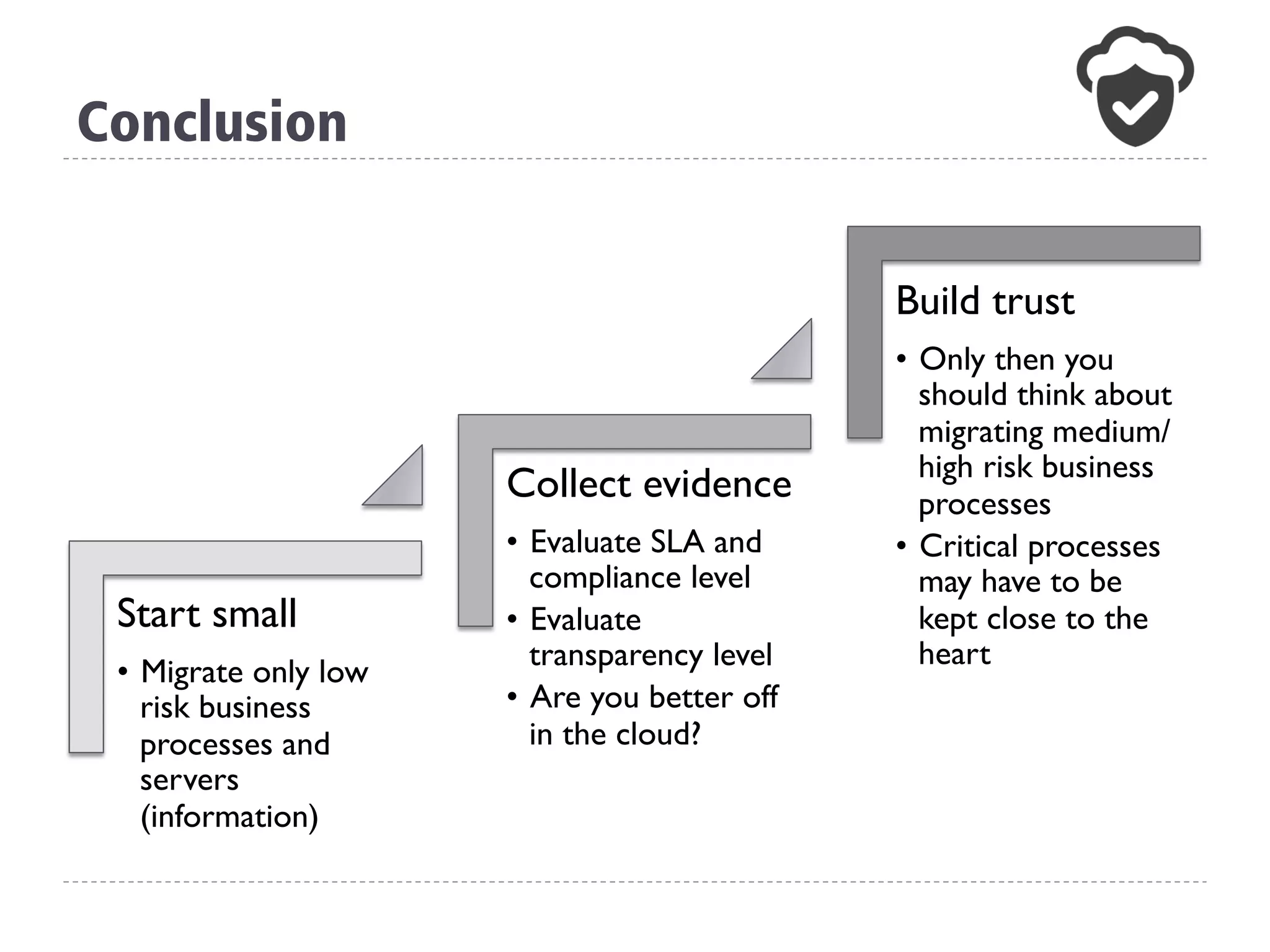 Conclusion
Start small
•  Migrate only low
risk business
processes and
servers
(information)
Collect evidence
•  Evaluate SLA and
compliance level
•  Evaluate
transparency level
•  Are you better off
in the cloud?
Build trust
•  Only then you
should think about
migrating medium/
high risk business
processes
•  Critical processes
may have to be
kept close to the
heart
 