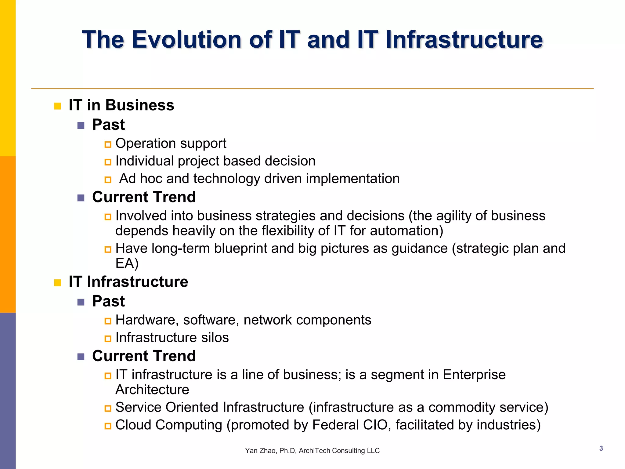 The Evolution of IT and IT Infrastructure

   IT in Business
      Past
           Operation support
           Individual project based decision
           Ad hoc and technology driven implementation

        Current Trend
           Involved into business strategies and decisions (the agility of business
            depends heavily on the flexibility of IT for automation)
           Have long-term blueprint and big pictures as guidance (strategic plan and
            EA)
   IT Infrastructure
      Past
           Hardware, software, network components
           Infrastructure silos

        Current Trend
           IT infrastructure is a line of business; is a segment in Enterprise
            Architecture
           Service Oriented Infrastructure (infrastructure as a commodity service)
           Cloud Computing (promoted by Federal CIO, facilitated by industries)

                                 Yan Zhao, Ph.D, ArchiTech Consulting LLC               3
 