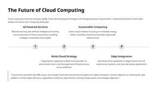 The Future of Cloud Computing
Cloud computing continues evolving rapidly, driven by emerging technologies and changing business requirements. Understanding these trends helps
prepare for tomorrow's computing landscape.
1
AI-Powered Services
Machine learning and artificial intelligence becoming
core components of every cloud service, enabling
intelligent automation and insights
2
Multi-Cloud Strategy
Organizations adopting multiple cloud providers to
avoid vendor lock-in and leverage best-of-breed services
across platforms
3
Sustainable Computing
Green cloud initiatives focusing on renewable energy,
carbon neutrality, and environmentally responsible
infrastructure
4
Edge Integration
Extending cloud capabilities to edge locations for IoT,
autonomous systems, and ultra-low latency applications
"Cloud service providers like AWS, Azure, and Google Cloud have become the foundation for digital innovation. Success depends on choosing the right
platform mix that aligns with your organization's technical requirements, existing infrastructure, and strategic objectives."
 