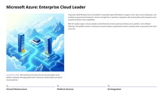 Microsoft Azure: Enterprise Cloud Leader
Launched in 2010, Microsoft Azure has become the second-largest cloud
platform globally, leveraging Microsoft's enterprise relationships and hybrid
cloud expertise.
Originally called Windows Azure, the platform expanded beyond Windows to support Linux, open-source databases, and
multiple programming frameworks. Azure's strength lies in seamless integration with existing Microsoft ecosystems and
exceptional hybrid cloud capabilities.
With 60+ global regions, Azure provides comprehensive services spanning infrastructure, platform, and software
offerings. The platform excels in enterprise scenarios where organizations need to maintain both on-premises and cloud
resources.
01
Virtual Infrastructure
02
Platform Services
03
AI Integration
 