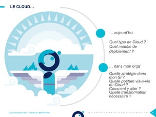 LE CLOUD…
OCTO TECHNOLOGY > THERE IS A BETTER WAY 11
… aujourd’hui
Quel type de Cloud ?
Quel modèle de
déploiement ?
… dans mon orga’
Quelle stratégie dans
mon SI ?
Quelle posture vis-à-vis
du Cloud ?
Comment y aller ?
Quelle transformation
nécessaire ?
 