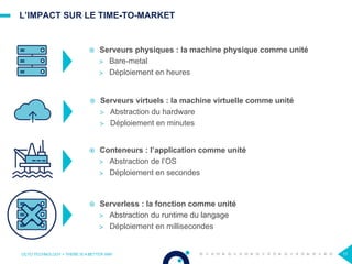 L’IMPACT SUR LE TIME-TO-MARKET
¤  Serveurs physiques : la machine physique comme unité
>  Bare-metal
>  Déploiement en heures
OCTO TECHNOLOGY > THERE IS A BETTER WAY 17
¤  Serveurs virtuels : la machine virtuelle comme unité
>  Abstraction du hardware
>  Déploiement en minutes
¤  Conteneurs : l’application comme unité
>  Abstraction de l’OS
>  Déploiement en secondes
¤  Serverless : la fonction comme unité
>  Abstraction du runtime du langage
>  Déploiement en millisecondes
 