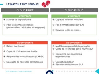 LE MATCH PRIVÉ / PUBLIC
OCTO TECHNOLOGY > THERE IS A BETTER WAY 37
CLOUD PRIVE CLOUD PUBLIC
¤  Maîtrise de la plateforme
¤  Pour les données sensibles
(personnelles, médicales, stratégiques)
AVANTAGES
¤  Retard fonctionnel
¤  Capacité d’infrastructure limitée
¤  Requiert des immobilisations (CAPEX)
¤  Nécessite de nouvelles compétences
INCONVENIENTS
¤  Capacité infinie et mondiale
¤  Pas d’immobilisation (OPEX)
¤  Services « clés en main »
AVANTAGES
¤  Modèle à responsabilités partagées
¤  Cycle de vie imposé par le fournisseur
¤  Conformité aux contraintes
réglementaires
¤  Contrat d’adhésion
¤  Pénalités dérisoires sur SLA
INCONVENIENTS
 