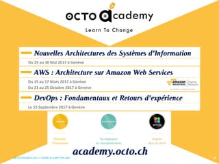 OCTO TECHNOLOGY > THERE IS A BETTER WAY 58
-  Du	29	au	30	Mai	2017	à	Genève	
Nouvelles Architectures des Systèmes d’Information
academy.octo.ch
-  Du	15	au	17	Mars	2017	à	Genève	
-  Du	23	au	25	Octobre	2017	à	Genève	
AWS : Architecture sur Amazon Web Services
-  Le	15	Septembre	2017	à	Genève	
DevOps : Fondamentaux et Retours d’expérience
 