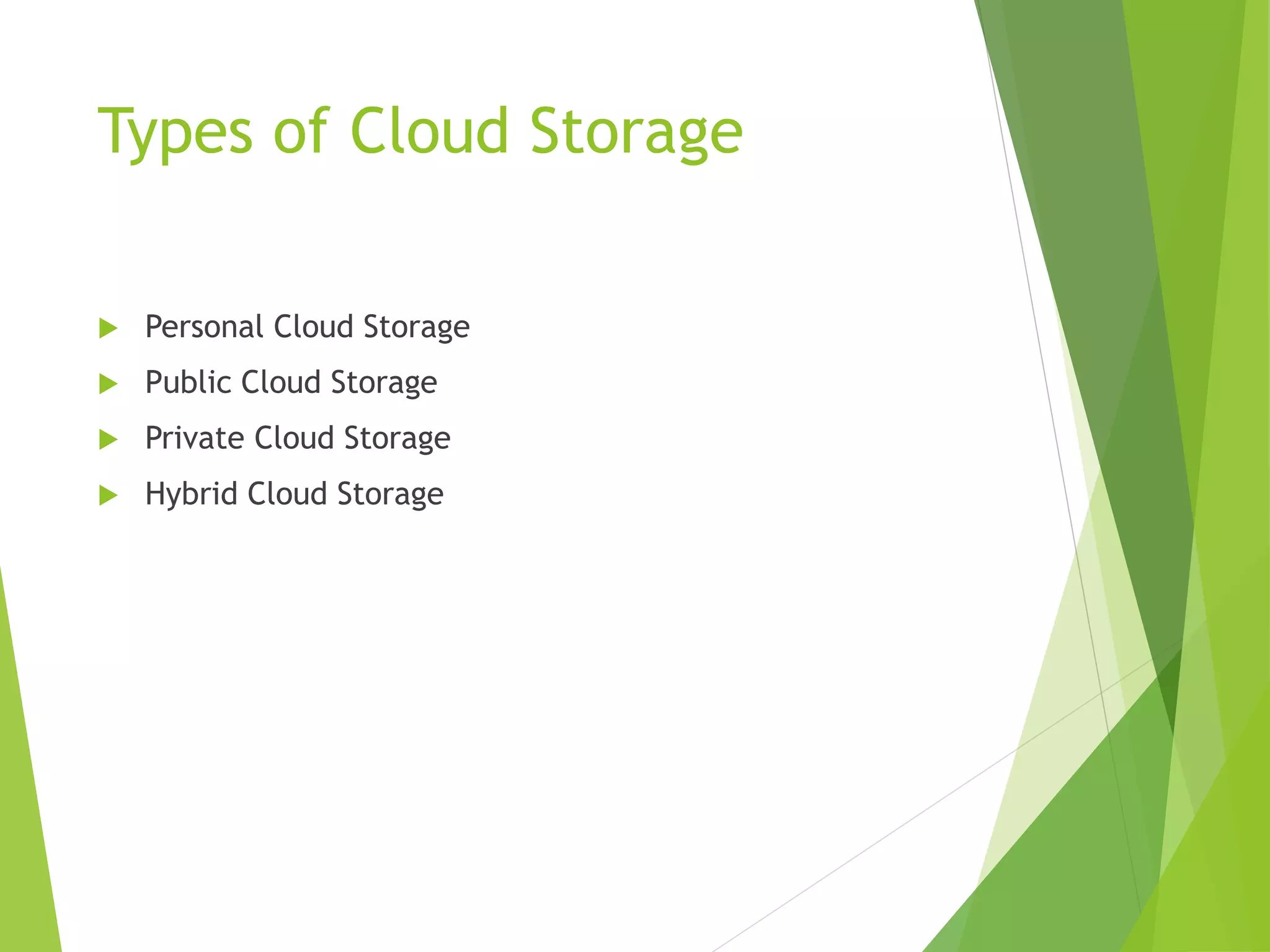 Types of Cloud Storage
 Personal Cloud Storage
 Public Cloud Storage
 Private Cloud Storage
 Hybrid Cloud Storage
 