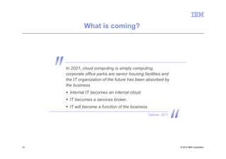 What is coming?




     In 2021, cloud computing is simply computing,
     corporate office parks are senior housing facilities and
     the IT organization of the future has been absorbed by
     the business.
       Internal IT becomes an internal cloud.
       IT becomes a services broker.
       IT will become a function of the business.
                                                    Gartner, 2011




15                                                                  © 2012 IBM Corporation
 