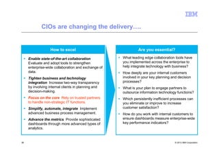 CIOs are changing the delivery….


                   How to excel                               Are you essential?

     Enable state-of-the-art collaboration           What leading edge collaboration tools have
     Evaluate and adopt tools to strengthen          you implemented across the enterprise to
     enterprise-wide collaboration and exchange of   help integrate technology with business?
     data.                                           How deeply are your internal customers
     Tighten business and technology                 involved in your key planning and decision
     integration Increase two-way transparency       processes?
     by involving internal clients in planning and   What is your plan to engage partners to
     decision-making.                                outsource information technology functions?
     Focus on the core Rely on trusted partners      Which persistently inefficient processes can
     to handle non-strategic IT functions.           you eliminate or improve to increase
     Simplify, automate, integrate Implement         customer satisfaction?
     advanced business process management.           How do you work with internal customers to
     Advance the metrics Provide sophisticated       ensure dashboards measure enterprise-wide
     dashboards through more advanced types of       key performance indicators?
     analytics.


35                                                                                   © 2012 IBM Corporation
 