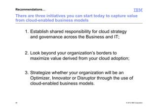 Recommendations…

There are three initiatives you can start today to capture value
from cloud-enabled business models

     1. Establish shared responsibility for cloud strategy
        and governance across the Business and IT;


     2. Look beyond your organization’s borders to
        maximize value derived from your cloud adoption;


     3. Strategize whether your organization will be an
        Optimizer, Innovator or Disruptor through the use of
        cloud-enabled business models.



49                                                        © 2012 IBM Corporation
 