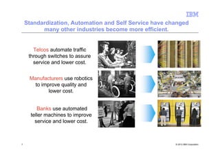 Standardization, Automation and Self Service have changed
          many other industries become more efficient.


       Telcos automate traffic
     through switches to assure
       service and lower cost.


     Manufacturers use robotics
       to improve quality and
             lower cost.


         Banks use automated
      teller machines to improve
        service and lower cost.



7                                                       © 2012 IBM Corporation
 