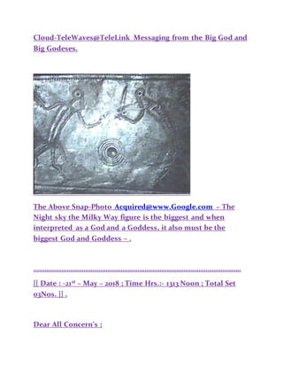Cloud-TeleWaves@TeleLink Messaging from the Big God and
Big Godeses.
The Above Snap-Photo Acquired@www.Google.com ~ The
Night sky the Milky Way figure is the biggest and when
interpreted as a God and a Goddess, it also must be the
biggest God and Goddess ~ .
………………………………………………………………………………………………….
[[ Date : -21st – May – 2018 ; Time Hrs.:- 1313 Noon ; Total Set
03Nos. ]] .
Dear All Concern’s ;
 