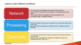 Latency under different conditions

Network

• The round-trip time between the browser and the server
• The number of round-trip times it takes to completely load a web
page
• The protocol’s flow & congestion control properties, and
• Competing traffic, unreliable network

Processing
Client side
10

• The time it takes to the server to prepare the content that will be sent
to the user.
• Resource sharing introduces contention risks, increased recovery
latencies

• The time the web browser needs to prepare the received content to
be presented
• Latency when accessed from different unreliable sources (e.g.
handheld devices, PDAs etc..)

© 2013 Progress Software Corporation. All rights reserved.

 