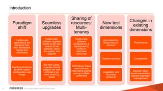 Introduction

Paradigm
shift

Seamless
upgrades

Sharing of
resources:
Multitenancy

Traditionally,
applications are
designed first,
then developed,
tested and
distributed

Traditionally,
software upgrade
needs to get new
version of the
software, down
the system and
upgrade

Traditionally,
software
development &
deployment is
mostly in
dedicated
resources

3

But with Cloud,
upgrade should
happen live with
minimal or no
down time E.g.
Gmail

© 2013 Progress Software Corporation. All rights reserved.

With Cloud, these
resources are
often being shared
among multiple
customers

Auto-elasticity:
Resources ondemand

Performance

Disaster recovery

SaaS Applications;
Browser based
configuration and
usage

New test
dimensions

Changes in
existing
dimensions

Compatibility

Availability and
Business
Continuity

Security: Multitenant penetration,
Identity federation
management

 