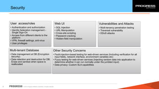 Security

User access/roles

Web UI

Vulnerabilities and Attacks

• Authentication and authorization
• Identity federation management Single Sign-On
• Access from different clients to the
platform
• VPN, firewall settings, anti-virus
• User privileges

• SQL Injection
• URL Manipulation
• Cross-site scripting
• Password cracking
• Hidden-field manipulation

• Multi-tenancy penetration testing
• Traversal vulnerability
• DDoS attacks

Multi-tenant Database
• Data management at DB (Encryption
security)
• Data retention and destruction for DB:
Erase and sanitize when space is
reallocated

8

Other Security Concerns
• Fault-injection-based testing for web-driven services (Including verification for all
input fields, network interface, environment variables etc)
• Fuzzy testing for web-driven services (Injecting random data into application to
determine whether it can run normally under the jumbled input)
• Data privacy: Custom SLA capabilities

© 2013 Progress Software Corporation. All rights reserved.

 