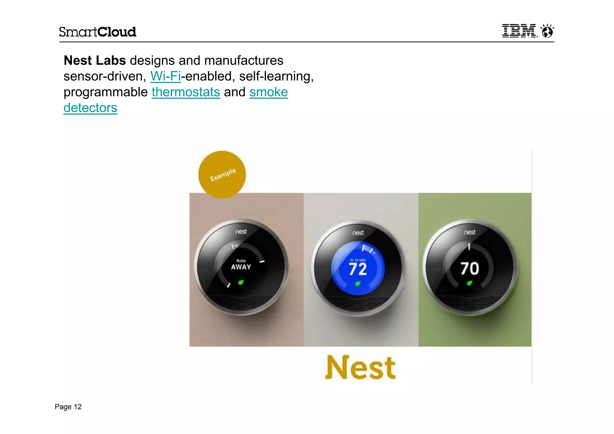 Page 12
Nest Labs designs and manufactures
sensor-driven, Wi-Fi-enabled, self-learning,
programmable thermostats and smoke
detectors
 