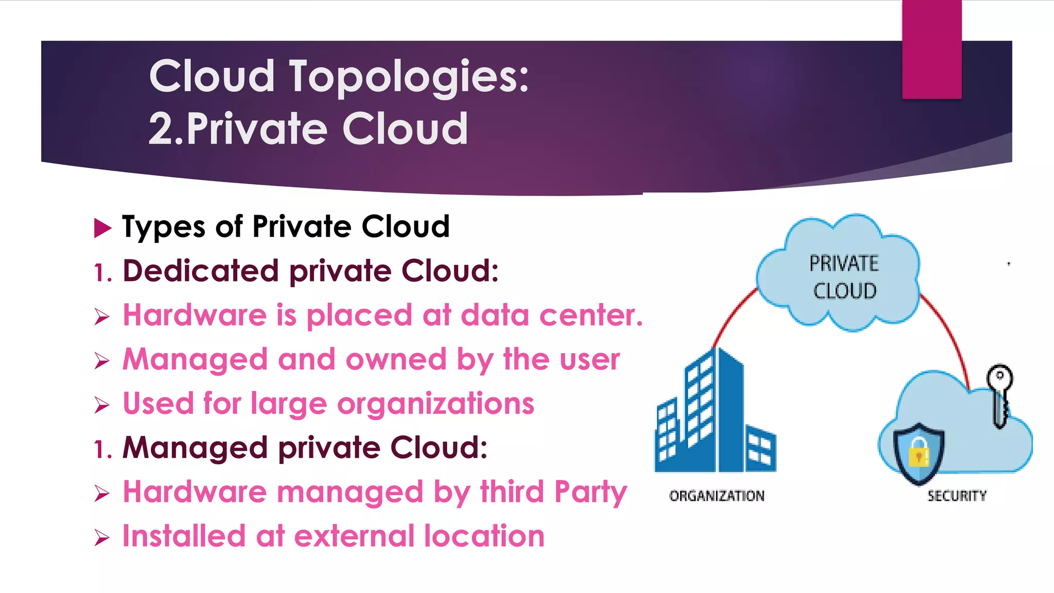 Cloud Topologies:
2.Private Cloud
 Types of Private Cloud
1. Dedicated private Cloud:
➢ Hardware is placed at data center.
➢ Managed and owned by the user
➢ Used for large organizations
1. Managed private Cloud:
➢ Hardware managed by third Party
➢ Installed at external location
 