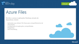 Azure Files
Permite o acesso à aplicações Desktops através de
dispositivos móveis
- Aplicações que utilizam File Share para compartilhamento de
informações
- Configurações de aplicações compartilhadas
- Diagnóstico
- Dev/Test/Debug
Cloud
 