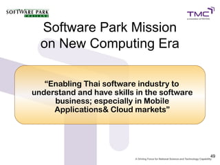Software Park Mission
  on New Computing Era

   “Enabling Thai software industry to
understand and have skills in the software
     business; especially in Mobile
     Applications& Cloud markets”




                                             49
 