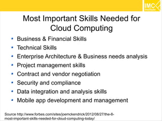 Most Important Skills Needed for
                 Cloud Computing
       Business & Financial Skills
       Technical Skills
       Enterprise Architecture & Business needs analysis
       Project management skills
       Contract and vendor negotiation
       Security and compliance
       Data integration and analysis skills
       Mobile app development and management

Source http://www.forbes.com/sites/joemckendrick/2012/08/27/the-8-   29
most-important-skills-needed-for-cloud-computing-today/
 