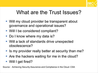 What are the Trust Issues?
      Will my cloud provider be transparent about
      governance and operational issues?
      Will I be considered compliant?
      Do I know where my data is?
      Will a lack of standards drive unexpected
      obsolescence?
      Is my provider really better at security than me?
      Are the hackers waiting for me in the cloud?
      Will I get fired?
Source : Achieving Security Assurance and Compliance in the Cloud: CSA
                                                                         42
 