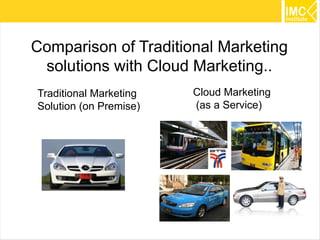 Comparison of Traditional Marketing
 solutions with Cloud Marketing..
Traditional Marketing   Cloud Marketing
Solution (on Premise)   (as a Service)




                                          6
 