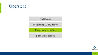 Übersicht
17
Umgebung konfigurieren
Umgebung verwalten
Fazit und Ausblick
Einführung
 