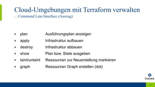 Cloud-Umgebungen mit Terraform verwalten
... Command Line Interface (Auszug)
18
‣ plan Ausführungsplan anzeigen
‣ apply Infrastruktur aufbauen
‣ destroy Infrastruktur abbauen
‣ show Plan bzw. State ausgeben
‣ taint/untaint Ressourcen zur Neuerstellung markieren
‣ graph Ressourcen Graph erstellen (dot)
 