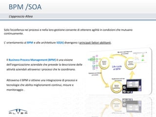 BPM /SOA
    L’approccio Altea


Solo l’eccellenza nei processi e nella loro gestione consente di ottenere agilità in condizioni che mutuano
continuamente.


L’ orientamento al BPM e alle architetture SO(A) divengono i principali fattori abilitanti.




  Il Business Process Management (BPM) è una visione
  dell'organizzazione aziendale che prevede la descrizione delle
  attività aziendali attraverso i processi che le coordinano.


  Attraverso il BPM si ottiene una integrazione di processi e
  tecnologie che abilita miglioramenti continui, misure e
  monitoraggio .




                                            Materiale riservato alla Oracle SOA Community
 