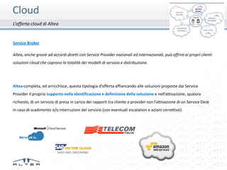 Cloud
L’offerta cloud di Altea


Service Broker

Altea, anche grazie ad accordi diretti con Service Provider nazionali ed internazionali, può offrire ai propri clienti
soluzioni cloud che coprono la totalità dei modelli di servizio e distribuzione.




Altea completa, ed arricchisce, questa tipologia d’offerta affiancando alle soluzioni proposte dai Service
Provider il proprio supporto nella identificazione e definizione della soluzione e nell’attivazione, qualora
richiesto, di un servizio di presa in carico dei rapporti tra cliente e provider con l’attivazione di un Service Desk
in caso di scadimento e/o interruzioni del servizio (con eventuali escalation e azioni correttive).
 