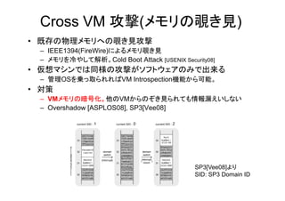 Cross VM 攻撃(メモリの覗き見)
• 既存の物理メモリへの覗き見攻撃
 – IEEE1394(FireWire)によるメモリ覗き見
 – メモリを冷やして解析。Cold Boot Attack [USENIX Security08]
• 仮想マシンでは同様の攻撃がソフトウェアのみで出来る
 – 管理OSを乗っ取られればVM Introspection機能から可能。
• 対策
 – VMメモリの暗号化。他のVMからのぞき見られても情報漏えいしない
 – Overshadow [ASPLOS08], SP3[Vee08]




                                            SP3[Vee08]より
                                            SID: SP3 Domain ID
 