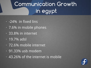 Communication Growth 
in egypt 
· -24% in fixed lins 
· 7.6% in mobile phones 
· 33.8% in internet 
· 19.7% adsl 
· 72.6% mobile internet 
· 91.33% usb modem 
· 43.26% of the internet is mobile 
 