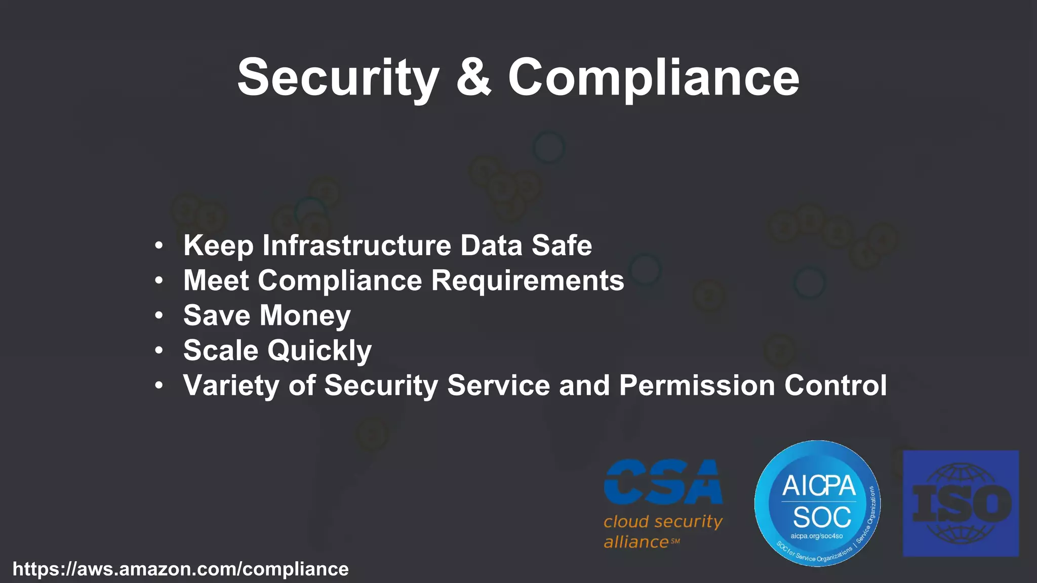 Security & Compliance
https://aws.amazon.com/compliance
• Keep Infrastructure Data Safe
• Meet Compliance Requirements
• Save Money
• Scale Quickly
• Variety of Security Service and Permission Control
 