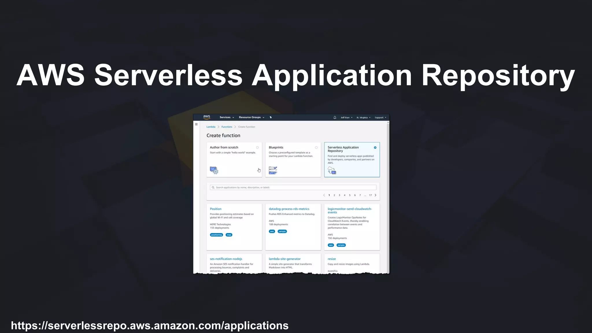 AWS Serverless Application Repository
https://serverlessrepo.aws.amazon.com/applications
 