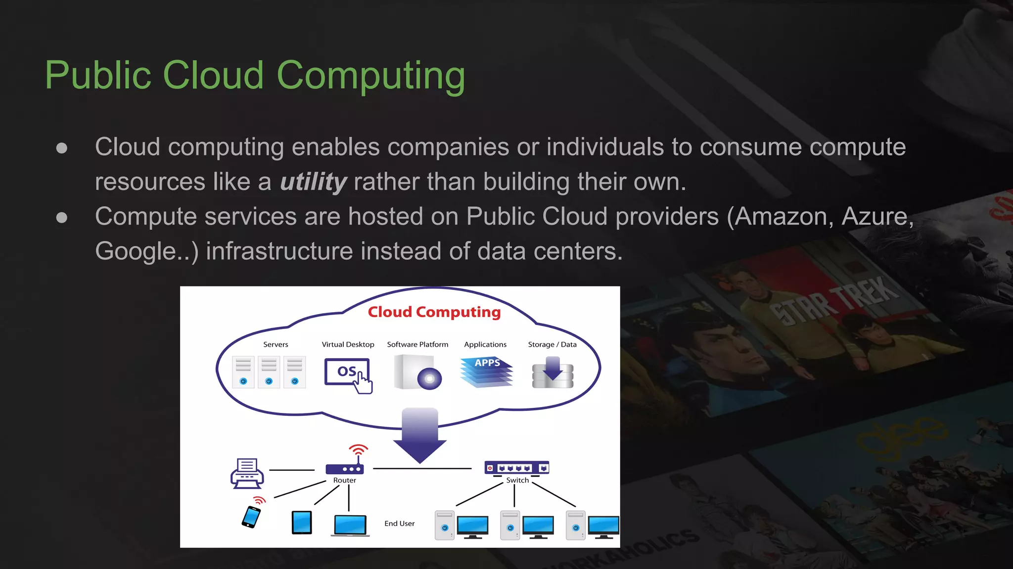 Public Cloud Computing
● Cloud computing enables companies or individuals to consume compute
resources like a utility rather than building their own.
● Compute services are hosted on Public Cloud providers (Amazon, Azure,
Google..) infrastructure instead of data centers.
 