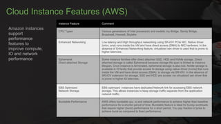 Cloud Instance Features (AWS)
Instance Feature Comment
CPU Types Various generations of Intel processors and models: Ivy Bridge, Sandy Bridge,
Broadwell, Haswell, Skylake
Enhanced Networking Low latency and High throughput networking using SR-IOV PCIe NIC. Native driver
(sriov, ena) runs inside the VM and have direct access (DMA) to NIC hardware. In the
absence of Enhanced Networking feature, virtualized xen driver is used that is prone to
higher latencies.
Ephemeral
Direct attached Storage
Some instance families offer direct attached SSD, HDD and NVMe storage. Direct
attached storage is called Ephemeral because storage life span is limited to instance
lifespan. Once instance is terminated, ephemeral storage is also lost. NVMe storage is
available in I3 family that provide access to storage using native driver (nvme) that runs
inside the VM and have direct access (DMA) to storage via SR-IOV. In the absence of
SR-IOV extension for storage, SSD and HDD are access via virtualized xen driver that
is prone to higher IO latencies.
EBS Optimized
Network Storage
EBS optimized instances have dedicated Network link for accessing EBS network
storage. This allows instances to keep storage traffic separate from the application
network traffic.
Burstable Performance AWS offers burstable cpu, io and network performance to achieve higher than baseline
performance for a shorter period of time. Burstable feature is ideal for bursty workloads
that require higher (burst) performance for a short period. You pay fraction of price to
achieve burst as compared to fixed performance.
Amazon instances
support
performance
features to
improve compute,
IO and network
performance
 