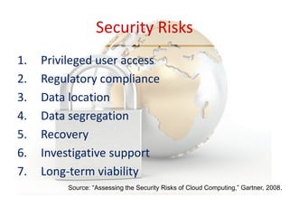 Security Risks
1.   Privileged user access
2.   Regulatory compliance
3.   Data location
4.   Data segregation
5.   Recovery
6.   Investigative support
7.   Long-term viability
          Source: “Assessing the Security Risks of Cloud Computing,” Gartner, 2008.
 