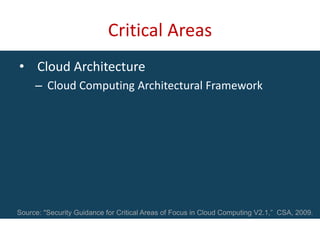 Critical Areas
• Cloud Architecture
     – Cloud Computing Architectural Framework




Source: "Security Guidance for Critical Areas of Focus in Cloud Computing V2.1,” CSA, 2009.
 