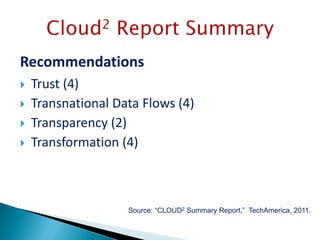 Recommendations
   Trust (4)
   Transnational Data Flows (4)
   Transparency (2)
   Transformation (4)



                    Source: “CLOUD2 Summary Report,” TechAmerica, 2011.
 