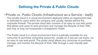 Defining the Private & Public Clouds

• Private vs. Public Clouds (Infrastructure as a Service - IaaS)
 • The private cloud is a virtual environment deployed within an organization that
   is restricted to users within the company and usually resides behind the
   corporate firewall. The private cloud also consists of an easy to use web portal
   that allows end users to auto provision and manage the lifecycle of their VMs,
   and may or may not incorporate a chargeback model.

 • The Public cloud is a virtual environment that is publically available for any
   consumer to purchase computing resources, usually on a pay per use basis, via
   an easy to use web portal. The public cloud allows any consumer to purchase,
   manage, and monitor the lifecycle of their VMs through a user friendly web
   portal.
 