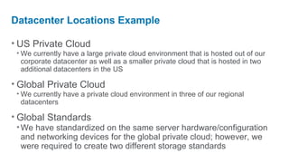 Datacenter Locations Example

• US Private Cloud
 • We currently have a large private cloud environment that is hosted out of our
   corporate datacenter as well as a smaller private cloud that is hosted in two
   additional datacenters in the US

• Global Private Cloud
 • We currently have a private cloud environment in three of our regional
   datacenters

• Global Standards
 • We have standardized on the same server hardware/configuration
   and networking devices for the global private cloud; however, we
   were required to create two different storage standards
 