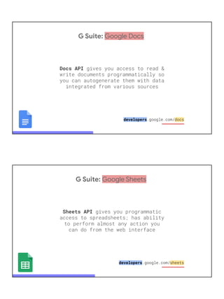 G Suite: Google Docs
Docs API gives you access to read &
write documents programmatically so
you can autogenerate them with data
integrated from various sources
developers.google.com/docs
G Suite: Google Sheets
Sheets API gives you programmatic
access to spreadsheets; has ability
to perform almost any action you
can do from the web interface
developers.google.com/sheets
 