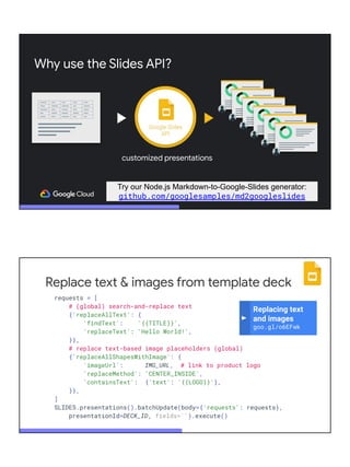 Try our Node.js Markdown-to-Google-Slides generator:
github.com/googlesamples/md2googleslides
Why use the Slides API?
customized presentations
Replace text & images from template deck
requests = [
# (global) search-and-replace text
{'replaceAllText': {
'findText': '{{TITLE}}',
'replaceText': 'Hello World!',
}},
# replace text-based image placeholders (global)
{'replaceAllShapesWithImage': {
'imageUrl': IMG_URL, # link to product logo
'replaceMethod': 'CENTER_INSIDE',
'containsText': {'text': '{{LOGO}}'},
}},
]
SLIDES.presentations().batchUpdate(body={'requests': requests},
presentationId=DECK_ID, fields='').execute()
Replacing text
and images
goo.gl/o6EFwk
 