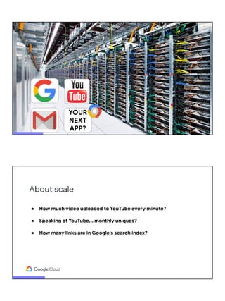 YOUR
NEXT
APP?
About scale
● How much video uploaded to YouTube every minute?
● Speaking of YouTube... monthly uniques?
● How many links are in Google's search index?
 