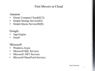 6
Cloud Computing
First Movers in Cloud
Amazon
• Elastic Compute Cloud(EC2)
• Simple Storage Service(S3)
• Simple Queue Service(SQS)
Google
• App Engine
• Gmail
Microsoft
• Windows Azure
• Microsoft SQL Services
• Microsoft .NET Services
• Microsoft SharePoint Services
 
