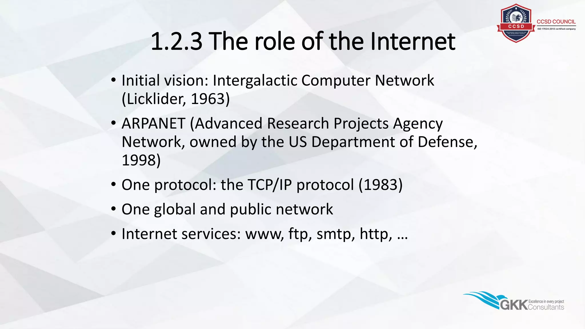 1.2.3 The role of the Internet
• Initial vision: Intergalactic Computer Network
(Licklider, 1963)
• ARPANET (Advanced Research Projects Agency
Network, owned by the US Department of Defense,
1998)
• One protocol: the TCP/IP protocol (1983)
• One global and public network
• Internet services: www, ftp, smtp, http, …
 