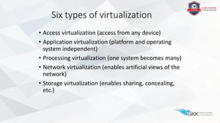 Six types of virtualization
• Access virtualization (access from any device)
• Application virtualization (platform and operating
system independent)
• Processing virtualization (one system becomes many)
• Network virtualization (enables artificial views of the
network)
• Storage virtualization (enables sharing, concealing,
etc.)
 